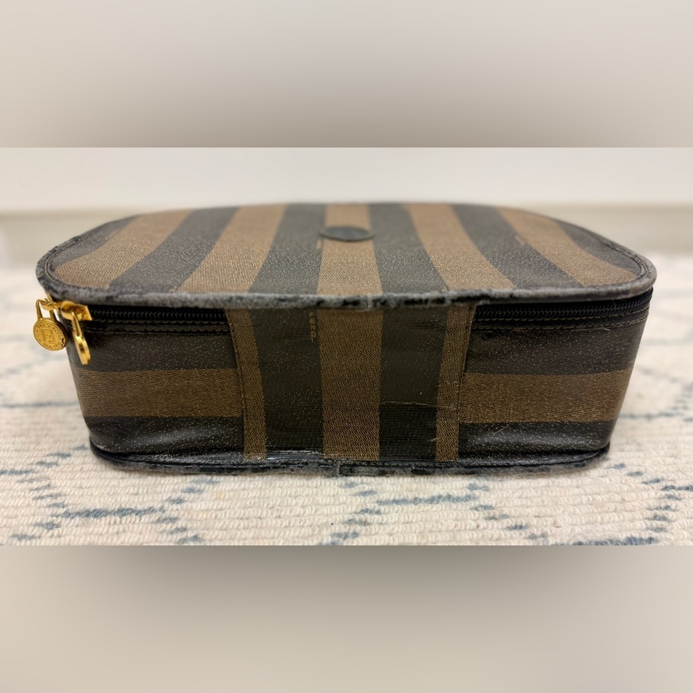 FENDI Vintage Pequin Stripe Brown Black Coated Canvas Vanity Case Cosmetic Bag - Picture 5 of 16